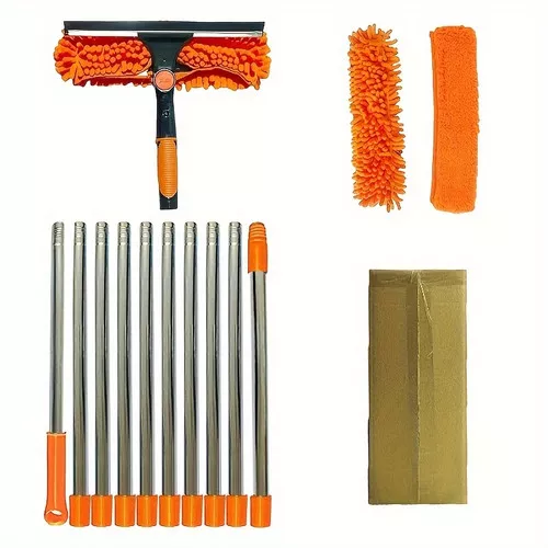 1 Set, 2in 1 Window Cleaning Brush And Scraper Set with Telescopic Pole, Reusable Hardness Brush, High Reach Outdoor And Glass Cleaning Tools, Contains Multiple Parts And Machine Washable Flannel Cloth, Christmas Gift, Halloween Gift, Grey Color