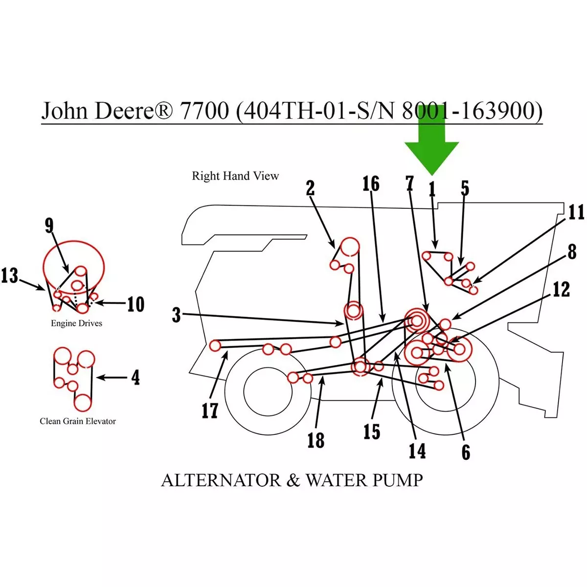 Alternator and Water Pump Belt for John Deere 7700, 4040+ | R70871