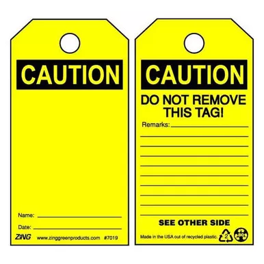Zing Caution Tag, Caution, 5 3-4 in H x 3 in W, Yellow, Rectangle, 10 PK 7019